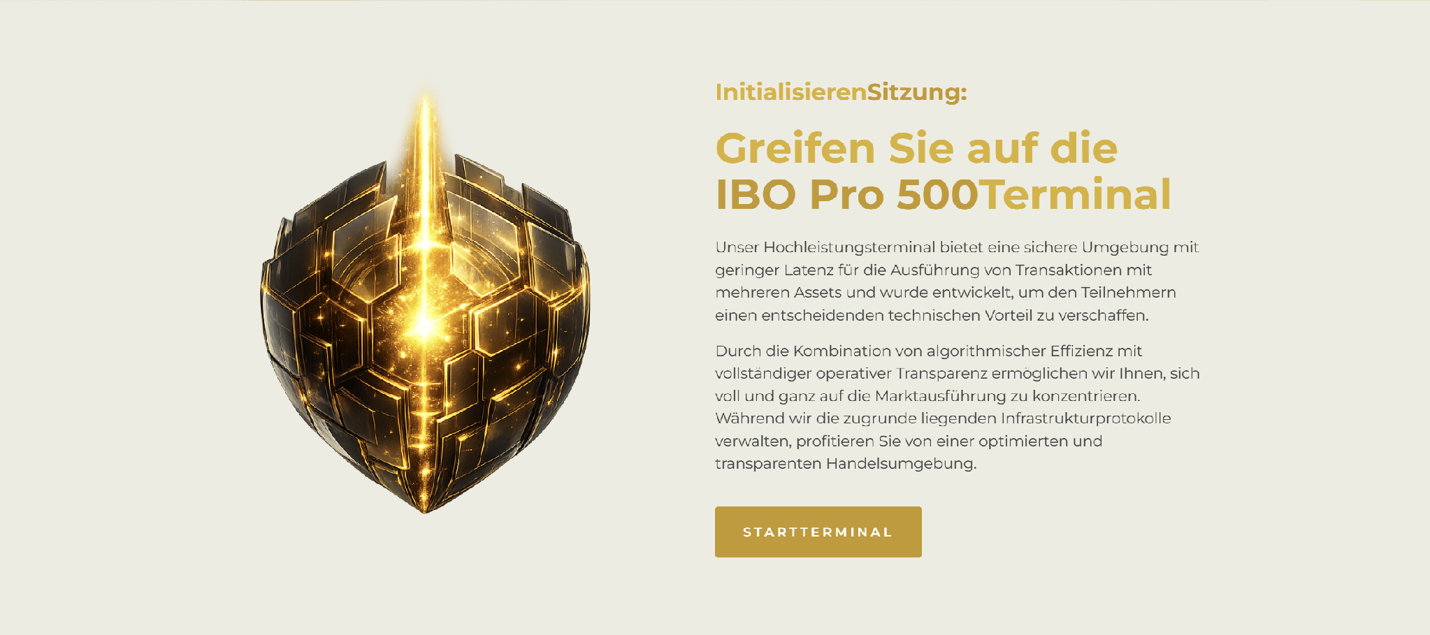 IBO Pro 500 Terminal mit goldener digitaler Grafik und Startterminal-Schaltfläche.