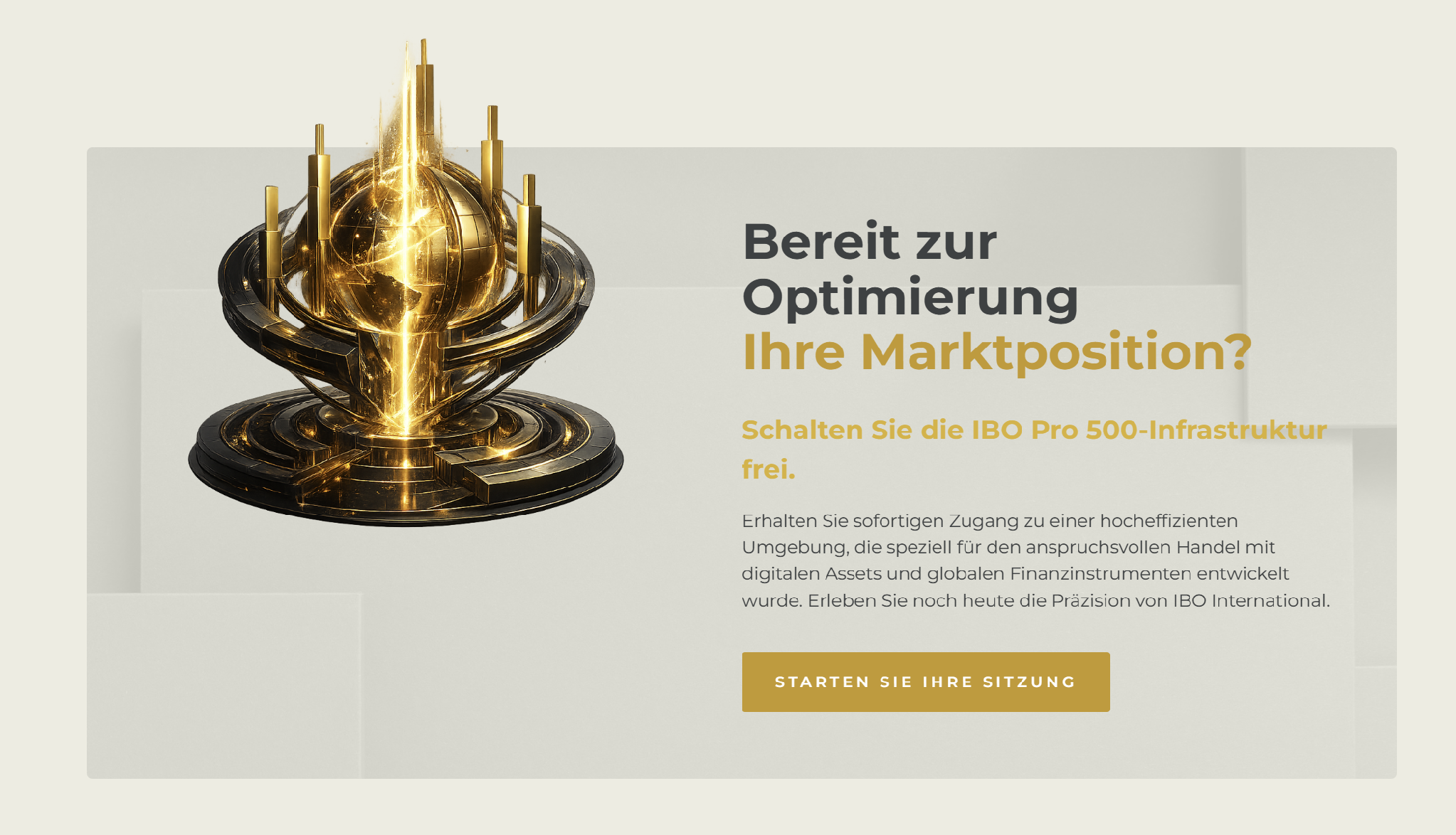 IBO International Website mit IBO Pro 500 Infrastruktur und Schaltfläche zum Start einer Sitzung.